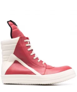 ( Nouvelle Collection ) Rick Owens 73111 CARNELIAN/MILK/MILK Baskets Montantes Geobasket En Cuir Homme