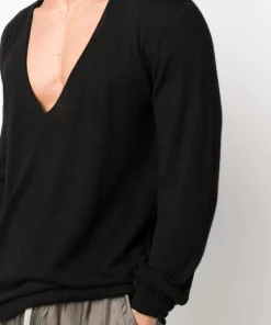 ( Nouvelle Collection ) Rick Owens 09 BLACK Pull En Maille Fine à Col V Profond Homme -Rick Owens Soldes 17816035 38824299 600