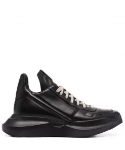 ( Nouvelle Collection ) Rick Owens 999 BLACK Baskets Lacées à Fini Poli Homme