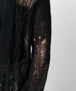 ( Nouvelle Collection ) Rick Owens 09 BLACK Cardigan Mi-long En Maille Ajourée à Effet Usé Femme -Rick Owens Soldes 18262119 39010229 600