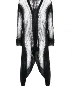 ( Nouvelle Collection ) Rick Owens 09 BLACK Cardigan Mi-long En Maille Ajourée à Effet Usé Femme