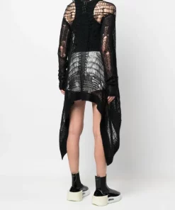 ( Nouvelle Collection ) Rick Owens 09 BLACK Cardigan Mi-long En Maille Ajourée à Effet Usé Femme -Rick Owens Soldes 18262119 39012142 600