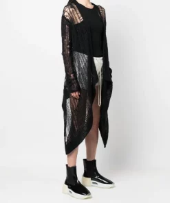 ( Nouvelle Collection ) Rick Owens 09 BLACK Cardigan Mi-long En Maille Ajourée à Effet Usé Femme -Rick Owens Soldes 18262119 39013024 600