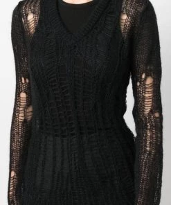 ( Nouvelle Collection ) Rick Owens 09 BLACK Haut En Maille à Col V Femme -Rick Owens Soldes 18264724 39021854 600